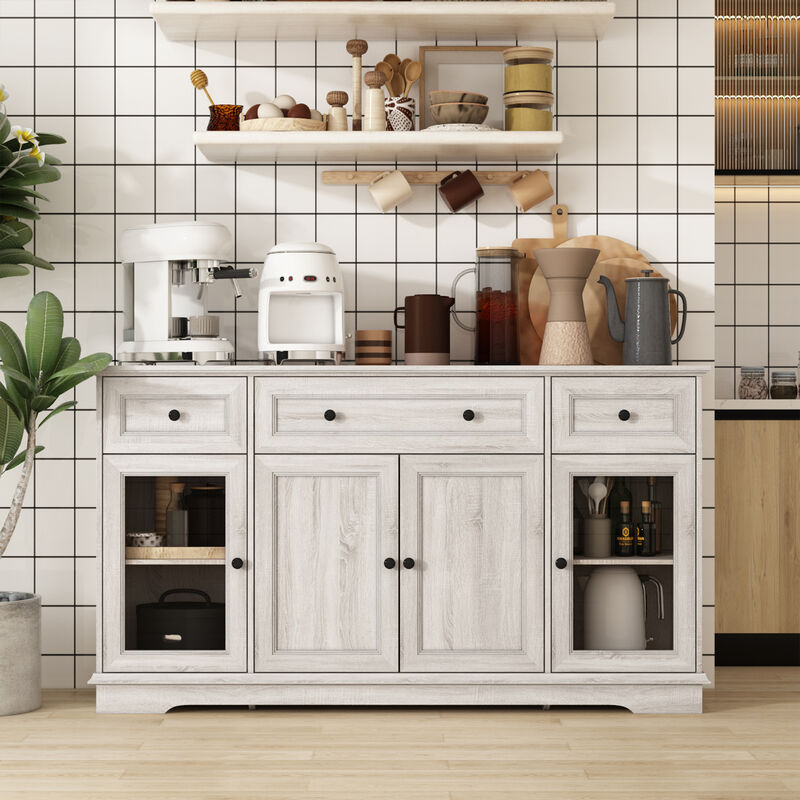 Retro Beige Light Wood Grain 35.4 in. Height Storage Cabinet, Sideboard, Food Pantry with 3-Drawer and 5-Shelf