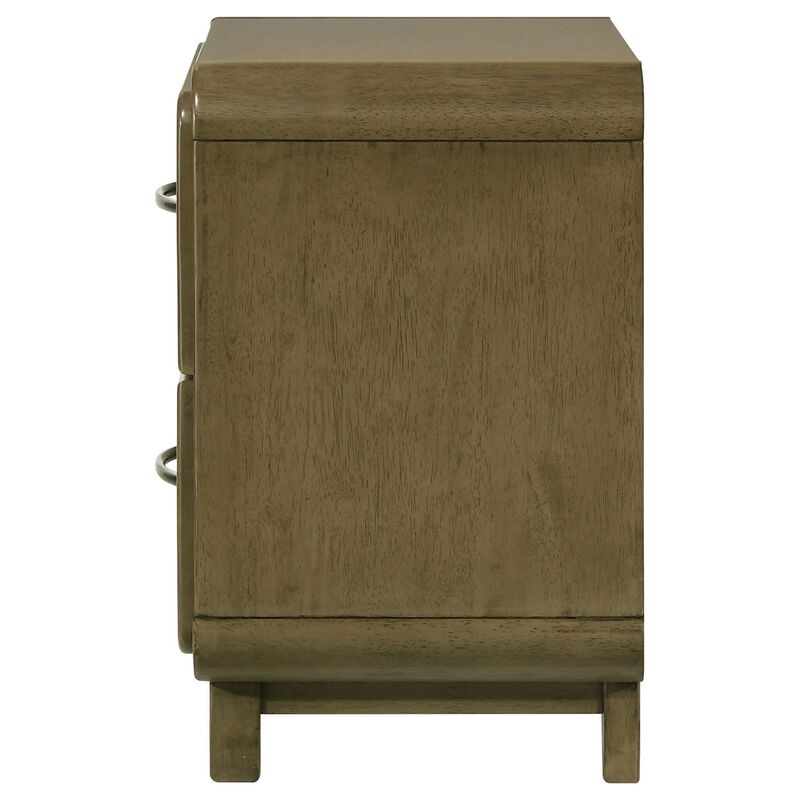 Deon Nightstand, 2 Drawers w Nickel Handles, Sled Legs, Nutmeg Brown - Benzara
