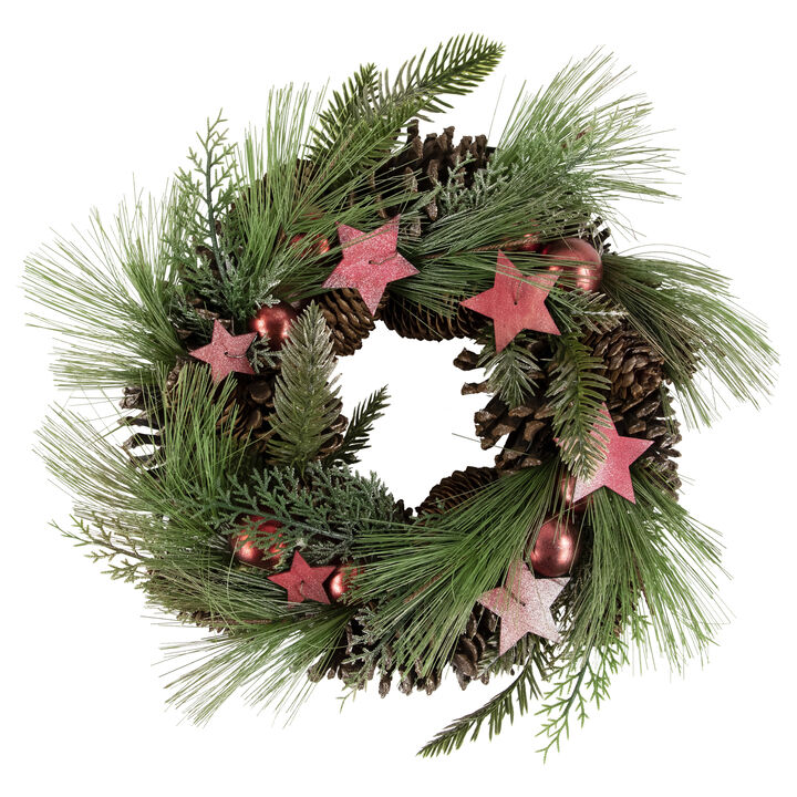 Red and Green Pine Needle  Pinecone and Star Christmas Wreath  13.5-Inch  Unlit