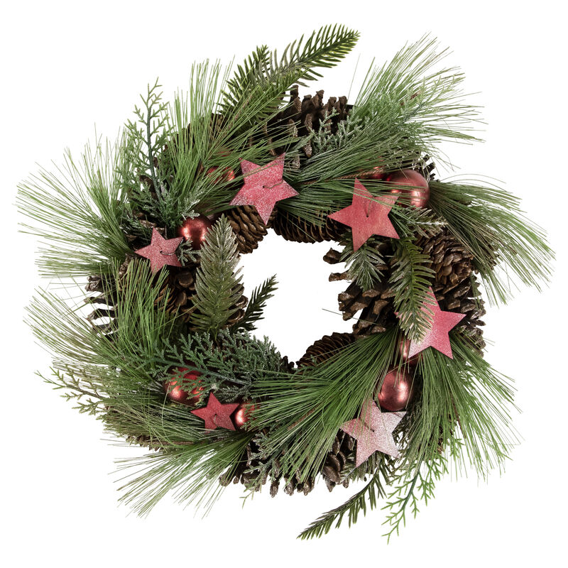 Red and Green Pine Needle  Pinecone and Star Christmas Wreath  13.5-Inch  Unlit