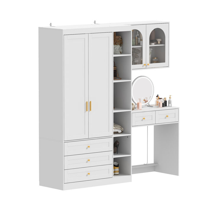 FUFU&GAGA Wardrobe and Vanity Combo with LED Mirror, Gold Handles, and Multiple Storage (74.8" W x 78.7" H x 19.7" D),White