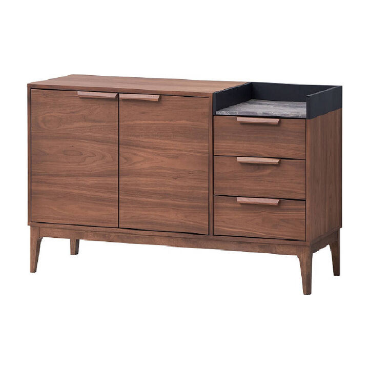 Evis 53 Inch Sideboard Server Console, 2 Cabinets, Stone Top, Walnut Brown - Benzara