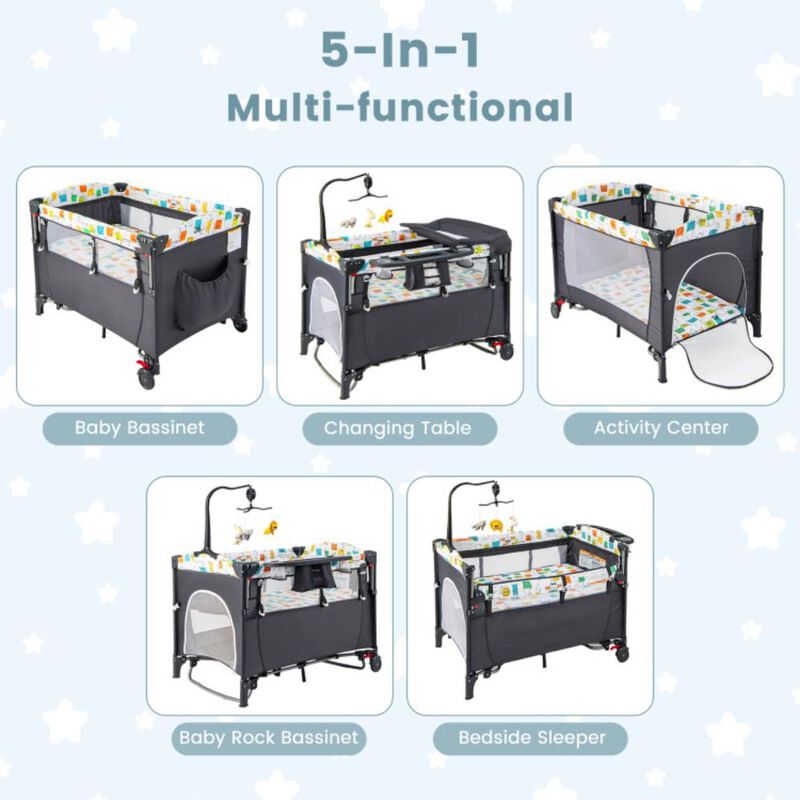 Hivvago 5-in-1 Baby Nursery Center Foldable Toddler Bedside Crib with Music Box