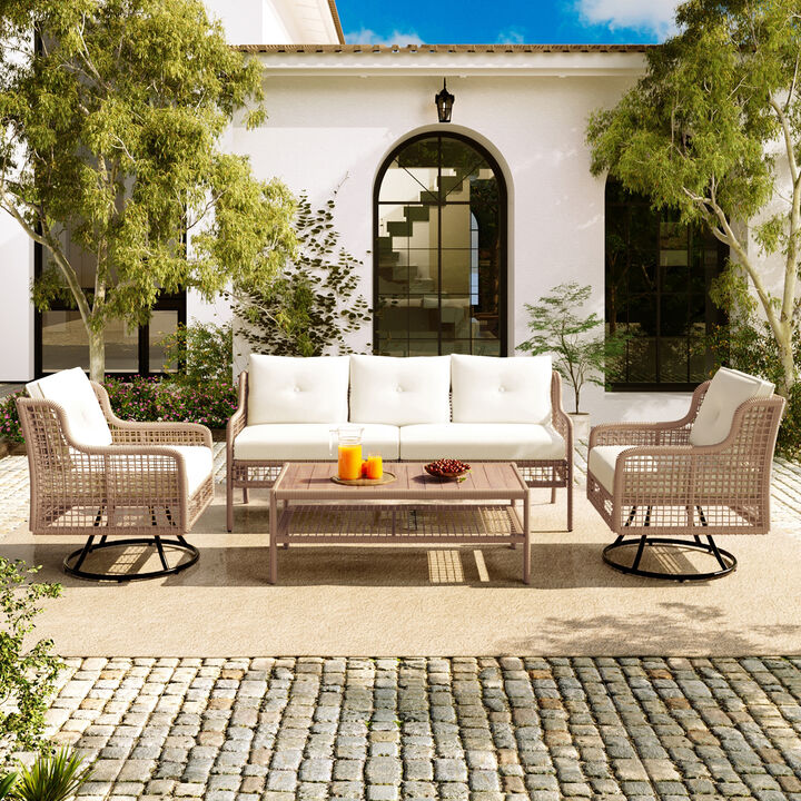 Whisen 5-Person Outdoor Sectional Wicker Sofa Set with Swivel Chairs for Poolside Backyard Deck