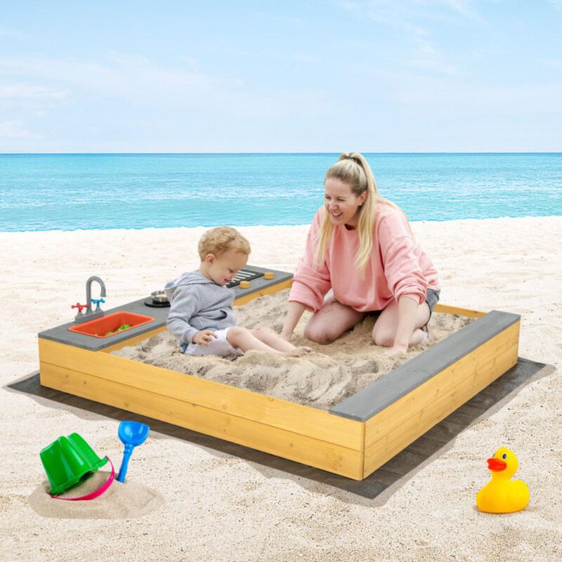Hivvago Wooden Sandbox Kids Sand Pit with Kitchen Playset Accessories for 3-8 Years Old