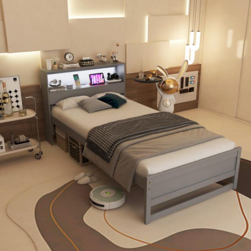Twin Size Bed Frame with Storage Headboard and Charging Station