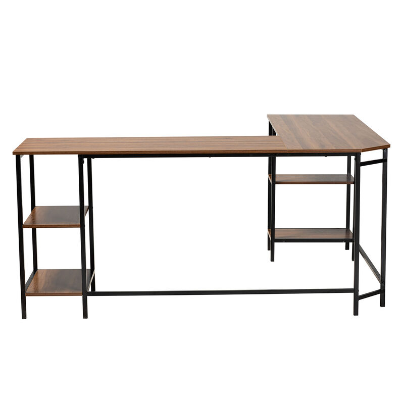 Baxton Studio Lydia Walnut Brown Finished and Black Metal L-Shaped Corner Desk with Shelves