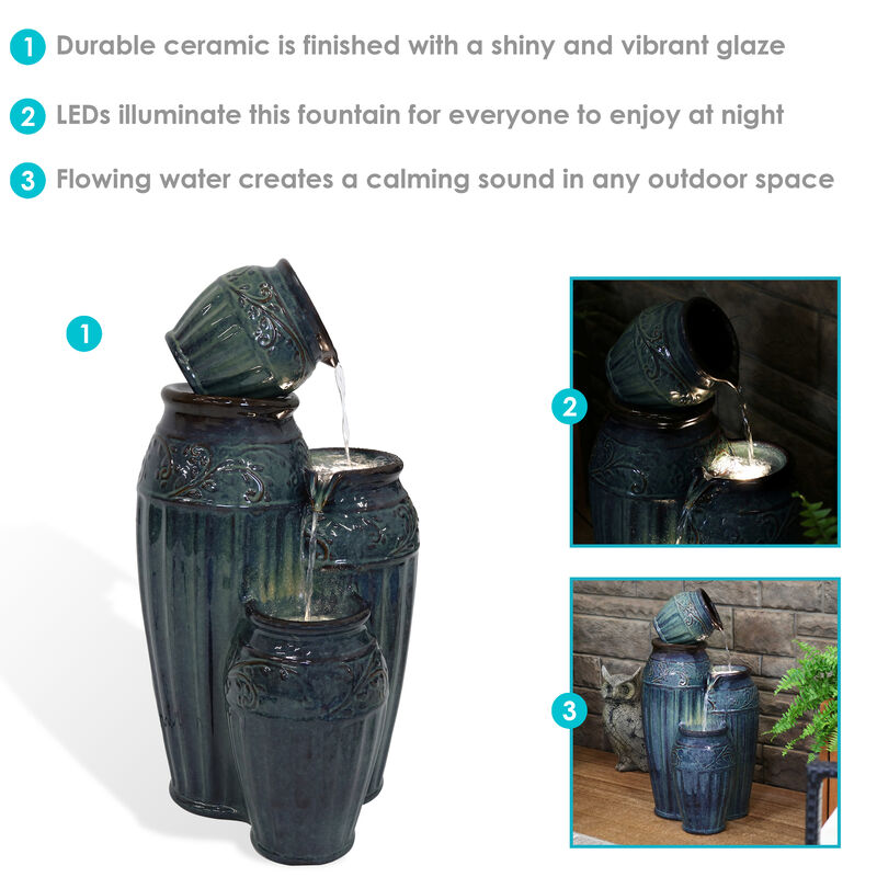 Sunnydaze Tour de Vase Ceramic Pot Water Fountain with LED Lights - 27 in
