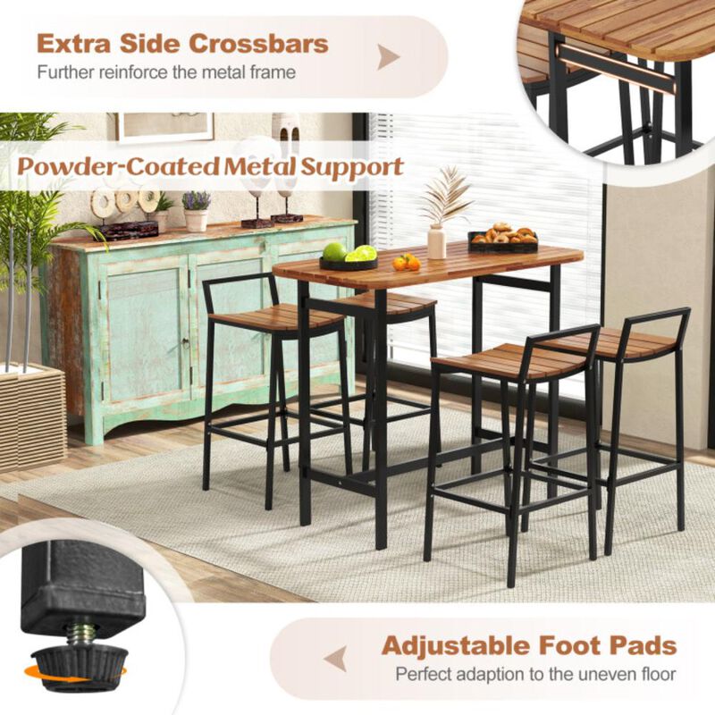 Hivvago 5 Piece Acacia Wood Bar Table Set Bar Height Table and Chairs with Metal Frame and Footrest