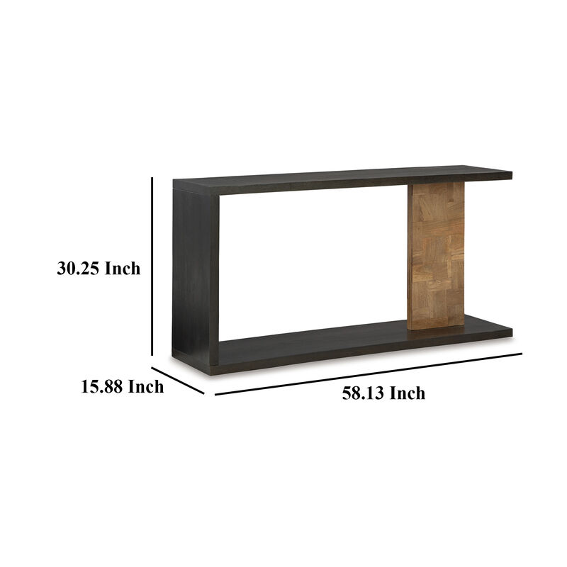 Console Sofa Table, Solid Wood C Shape w Shelf, Black Brown 58 Inch - Benzara