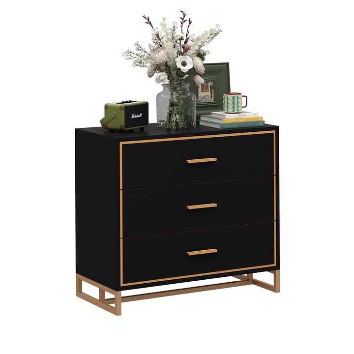 FUFU&GAGA Modern Black 3-Drawer Dresser with Gold Trim, Metal Handles & Base – Stylish Storage Cabinet for Bedroom(31.5"W x 15.7"D x 28.7"H),Black