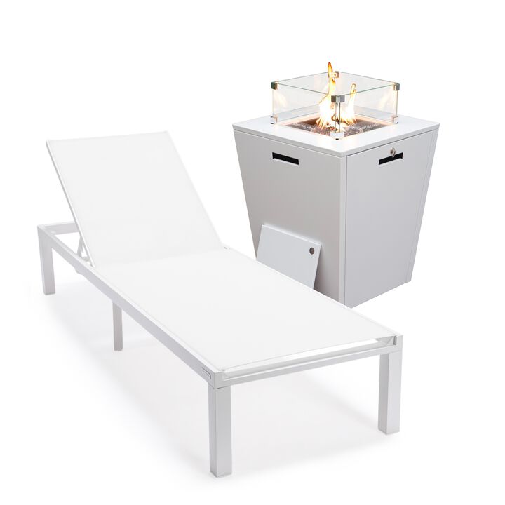 LeisureMod Marlin Modern Black Aluminum Outdoor Patio Chaise Lounge Chair in White Frame with Square Fire Pit Side Table