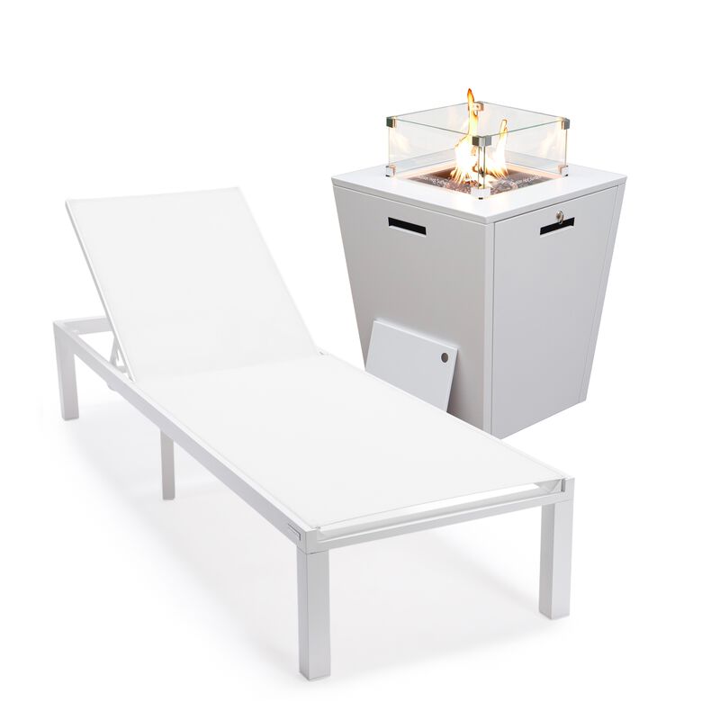LeisureMod Marlin Modern Black Aluminum Outdoor Patio Chaise Lounge Chair in White Frame with Square Fire Pit Side Table