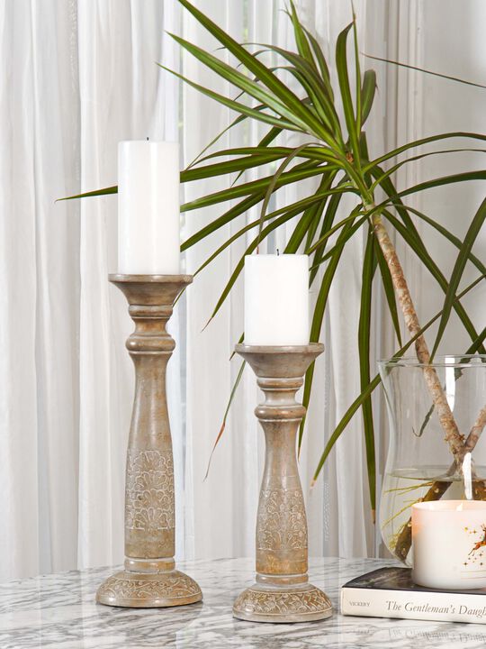 Traditional Gray Wash Eco-friendly Handmade Mango Wood Set Of Two 6" & 9" Pillar Candle Holder BBH Homes