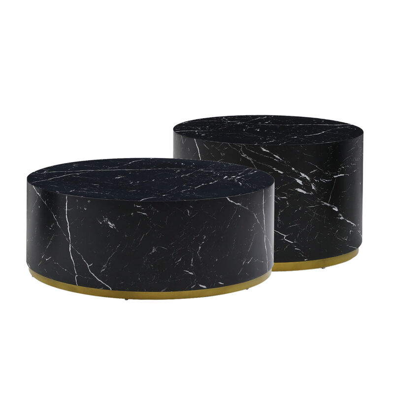 Black Marble Pattern Cocktail Table MDF With Gold Metal Base 23.6 2"
