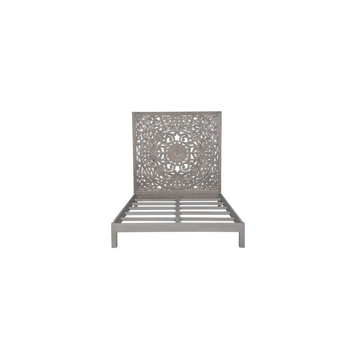 Porter Designs Mandala Hand Carved Motif Queen Bed, Gray