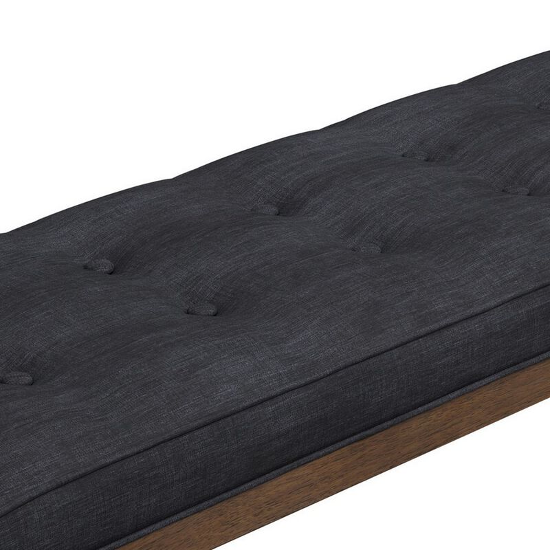 50 Inch Classic Bench, Button Tufted Taupe Fabric, Brown Wood Angled Legs-Benzara