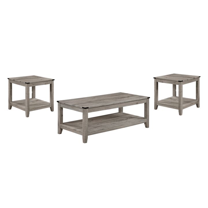Hilton 3 Piece Coffee and End Table Set, Wood, Storage Shelf, Beige Finish - Benzara