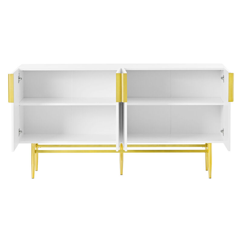 60" Modern Elegant 4-door Sideboard,Gold Metal Handle Storage Cabinet, White