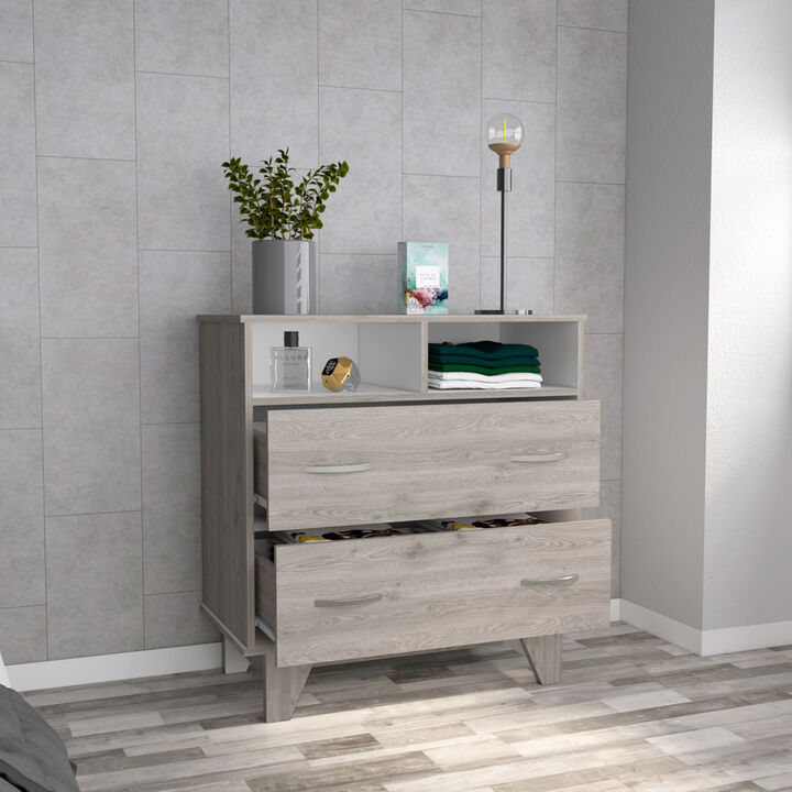 DEPOT E-SHOP Stamford Two Drawer Dresser, Four Legs, Two Open Shelves, Superior Top, Black