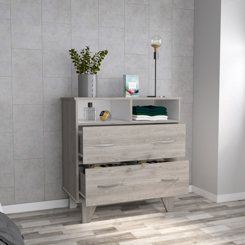 DEPOT E-SHOP Stamford Two Drawer Dresser, Four Legs, Two Open Shelves, Superior Top, Black