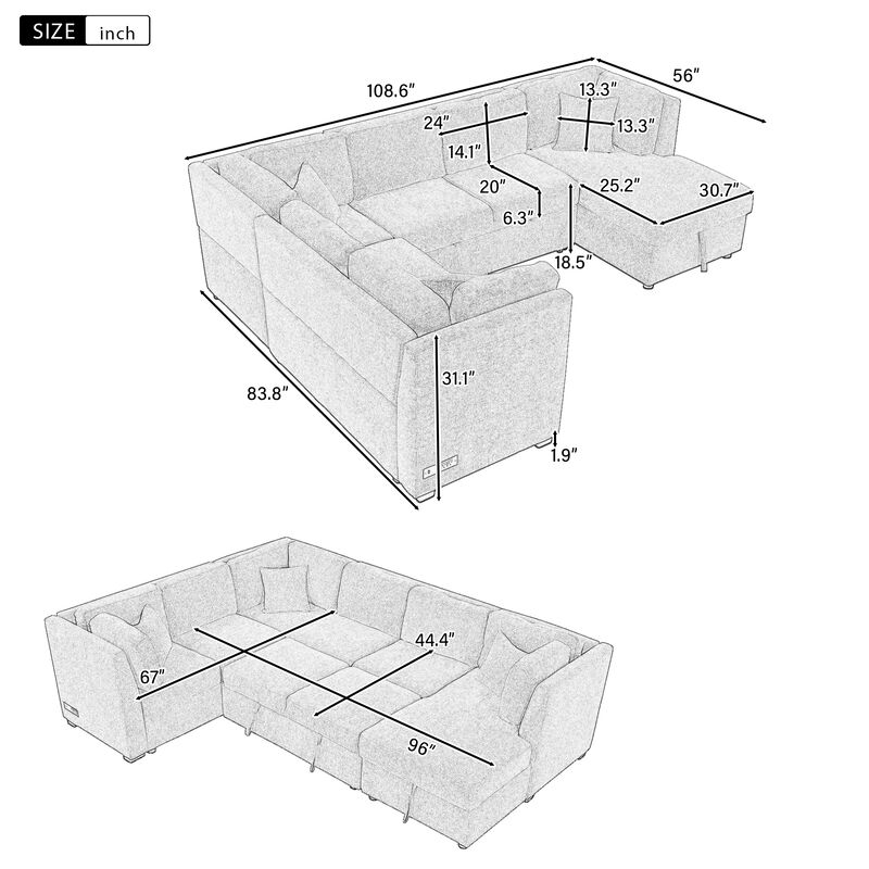 Merax U-shaped Sectional Sofa Pull Out Sofa Bed with 2 USB Ports