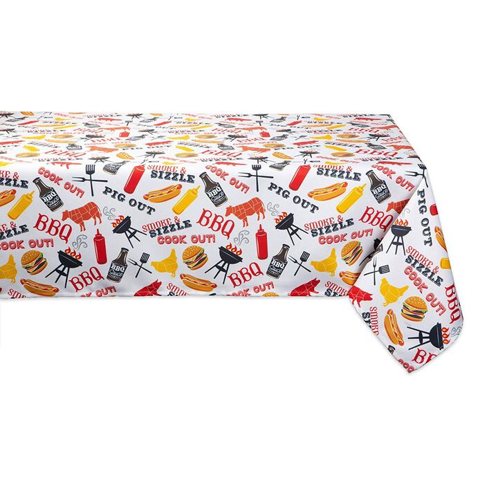 120" White and Yellow Barbeque Themed Rectangular Outdoor Tablecloth