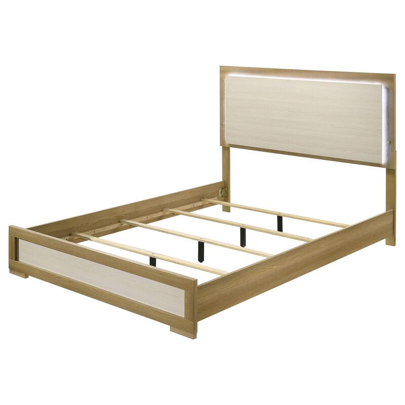 Hyle Queen Size Bed, Natural Brown Hardwood, LED Backlit Headboard - Benzara