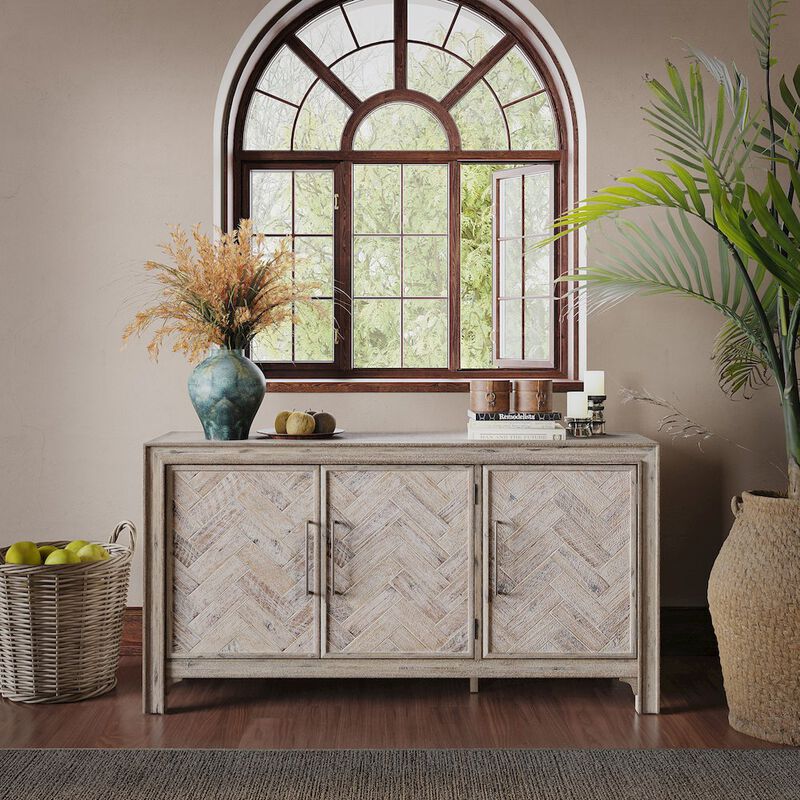 Jofran Gramercy Mid-Century Modern Chevron Three Door 60 Accent Cabinet