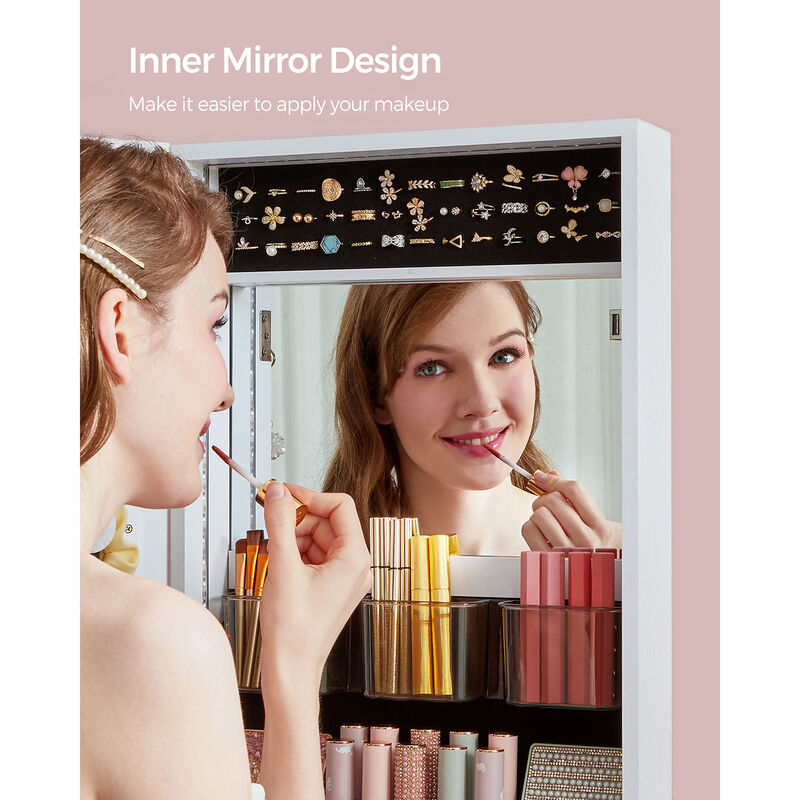 Jewelry Cabinet Armoire with LED Lights - Wall-Mounted with Full-Length Frameless Mirror