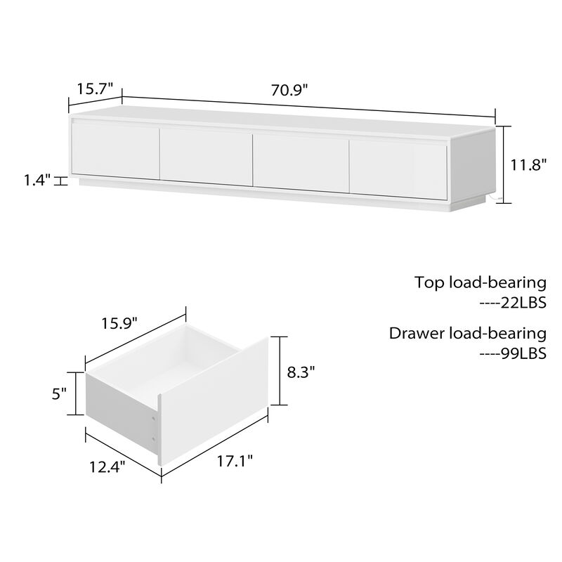 FUFU&GAGA Modern Floating TV Stand with Adjustable LED Lighting and Spacious Storage Drawers, (70.9" W x 15.7" D x 11.8" H),White