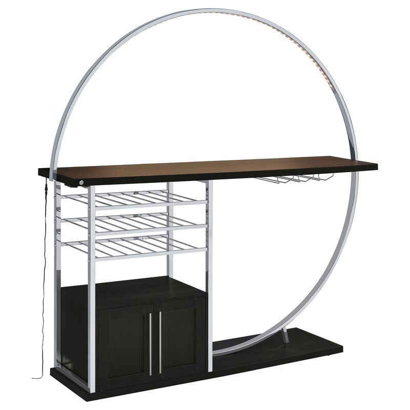 Riya Home Bar Table, LED Light, Cabinets, Wine Storage, Black, Chrome Metal - Benzara
