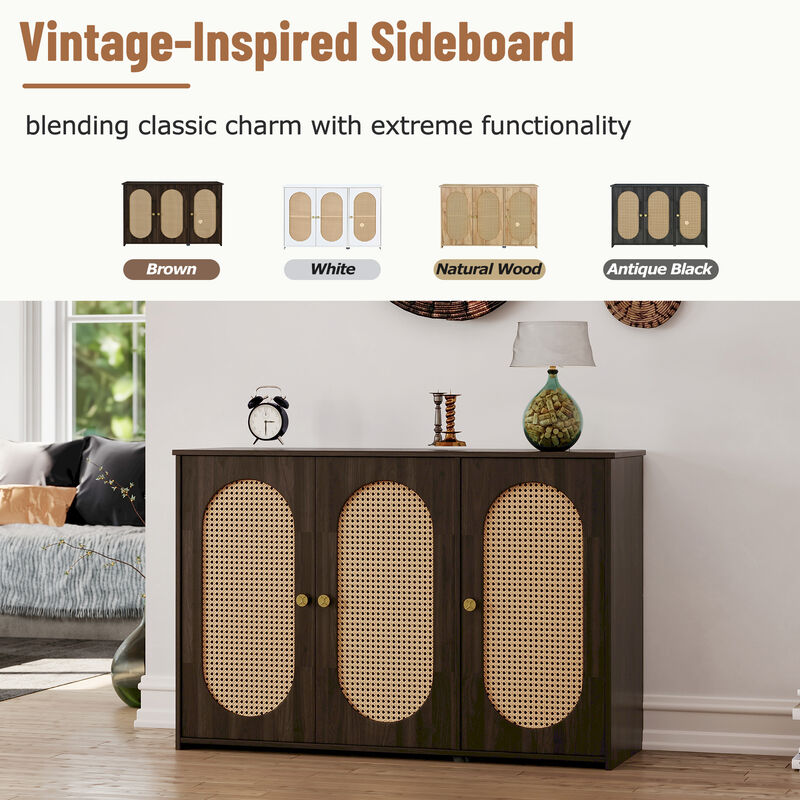 Clihome Retro 3-Door Sideboard with Large Storage Space Artificial Rattan Doors and Metal Handles, Accent Cabinet for Living Room and Hallway (Brown)