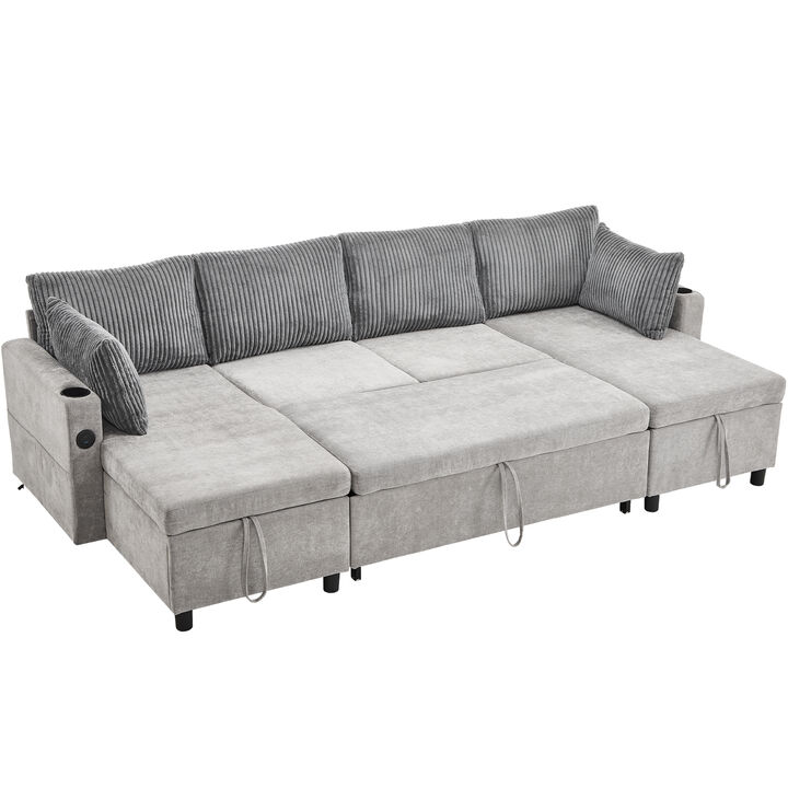 111.8" Sectional Sofa Pull-out Sofa Bed Versatile Sofa Sleeper with Large Storage Space, Two USB Ports and Two Cup Holders for Living Room