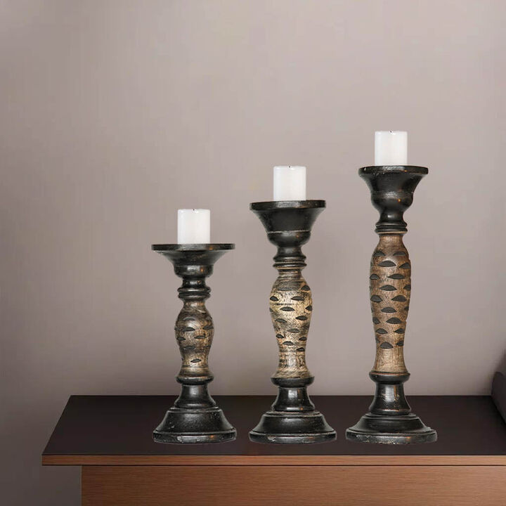 Traditional Dark Polish Eco-friendly Handmade Mango Wood Set Of Three 9",12" & 15" Pillar Candle Holder BBH Homes