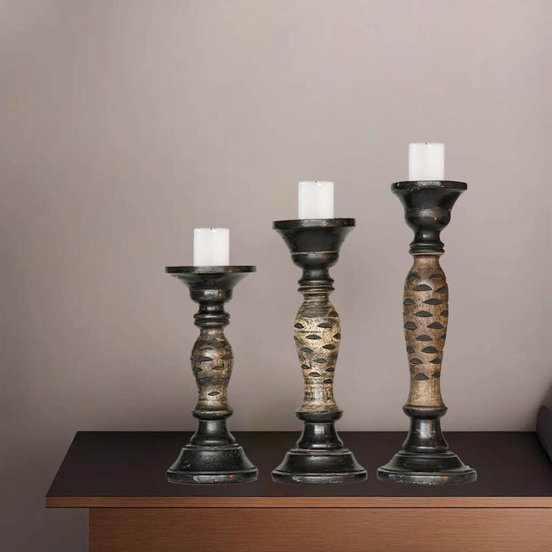 Traditional Dark Polish Eco-friendly Handmade Mango Wood Set Of Three 9",12" & 15" Pillar Candle Holder BBH Homes