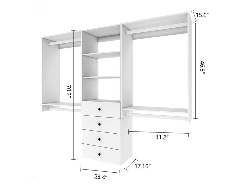 Tall Closet Organizer System, Closet System with 4 Drawers, 4  Clothing Racks， Walk in Closet Organizers and Storage with 3 Shelves Wall Mounted, White Wardrobe Closet for Bedroom