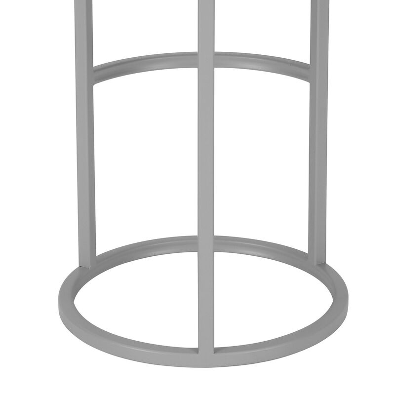 Tane 30 Inch Barstool, Round Gray Faux Leather Padded Seat, Gray Metal Base - Benzara