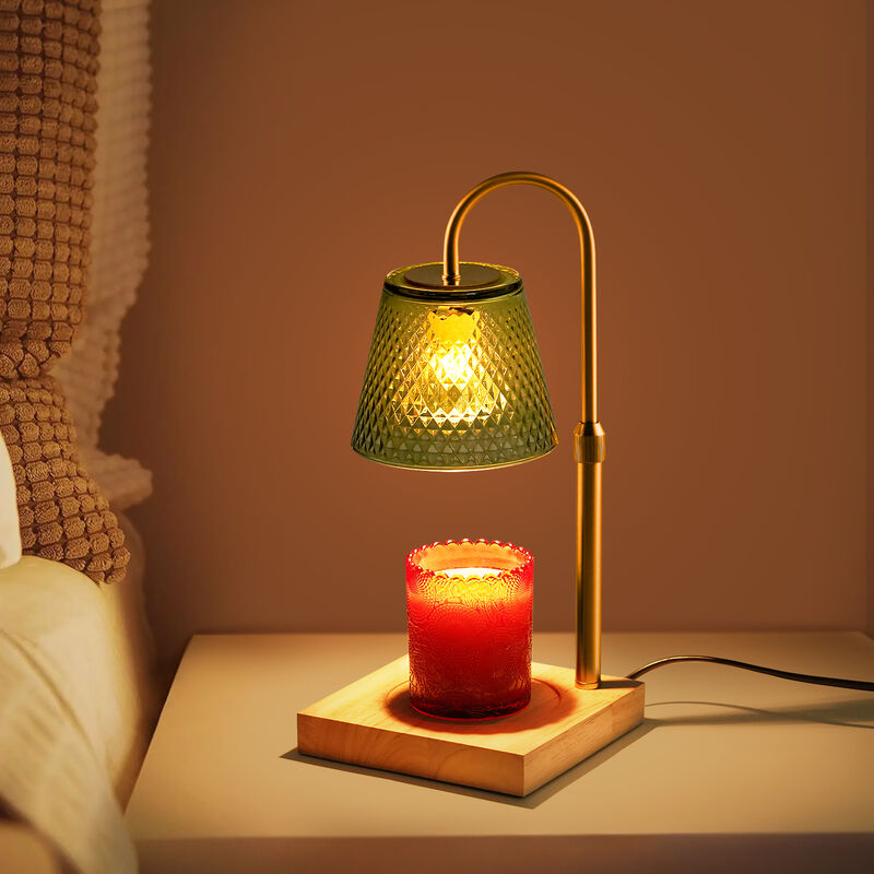 Candle warm lamp with dimmer and timer, aromatherapy wax candle melt lamp, adjustable height, green glass lamp shade, preferred for gifts
