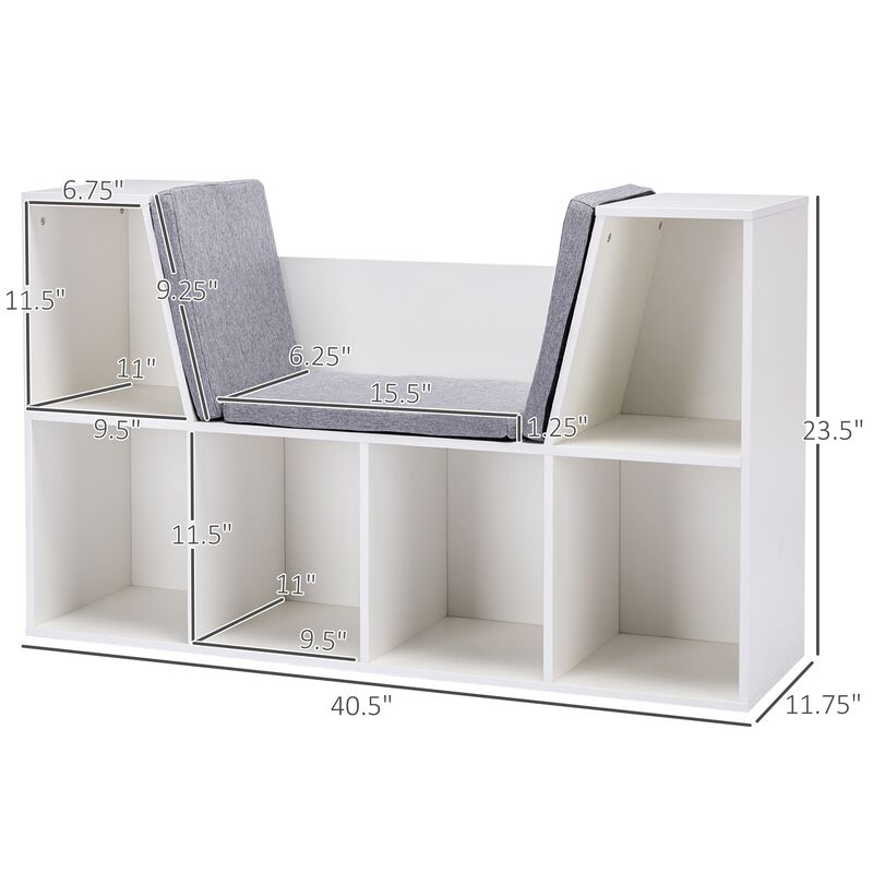 White Kids' Organizer: 6-Cubby Wooden Bookshelf with Cushion
