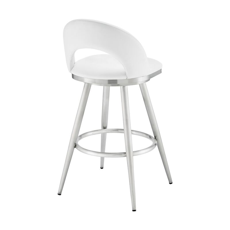 Visy 26 Inch Swivel Counter Stool Chair, Round Back, White Faux Leather - Benzara