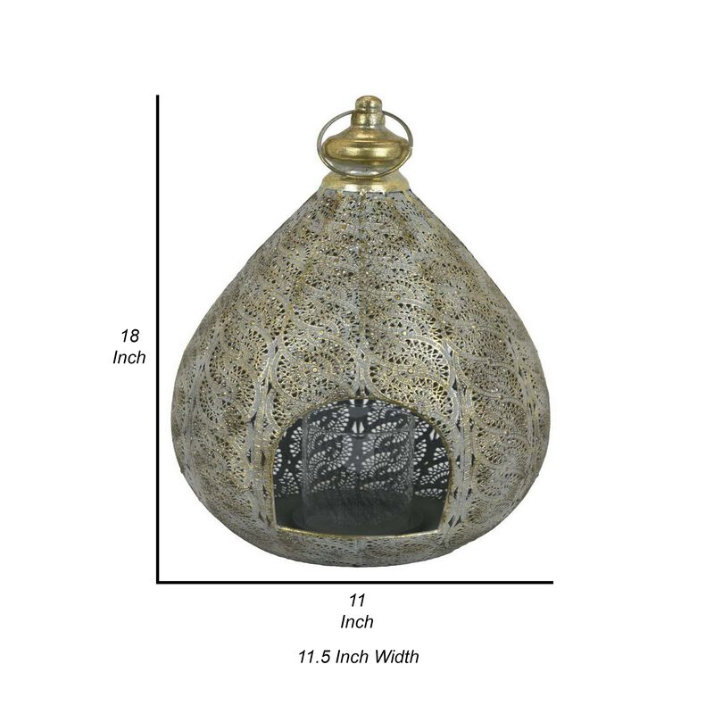 18 Inch Decorative Lantern, Embossed Design, Tear Drop Shape, Gold Metal - Benzara