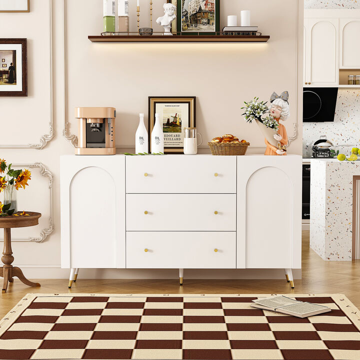 FUFU&GAGA Modern White Sideboard with Two Doors and Three Drawers, Gold Tapered Handles, and Storage Shelf (63" W x 15.7" D x 35.4" H), White