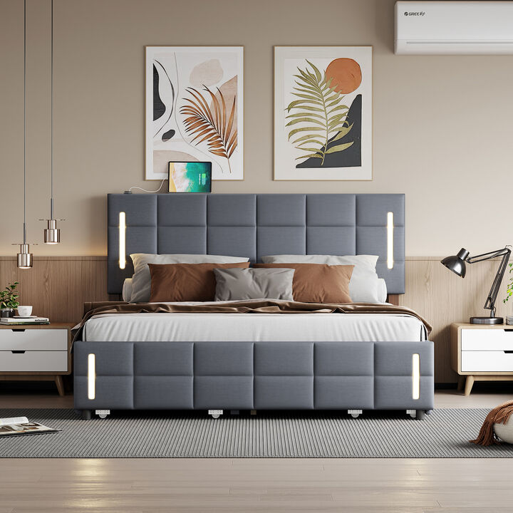 Streamdale Queen Size Upholstered Platform Bed With Trundle And Drawers, Gray