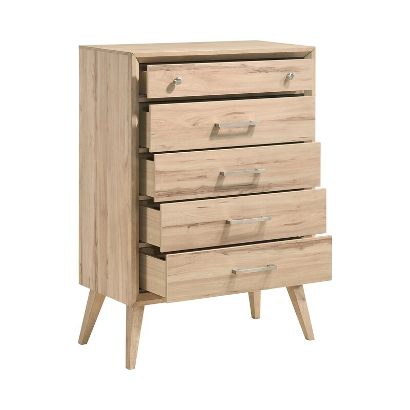 Kali 49 Inch Tall Dresser Chest, 5 Drawers, Nickel Handles, Oak Brown Wood - Benzara