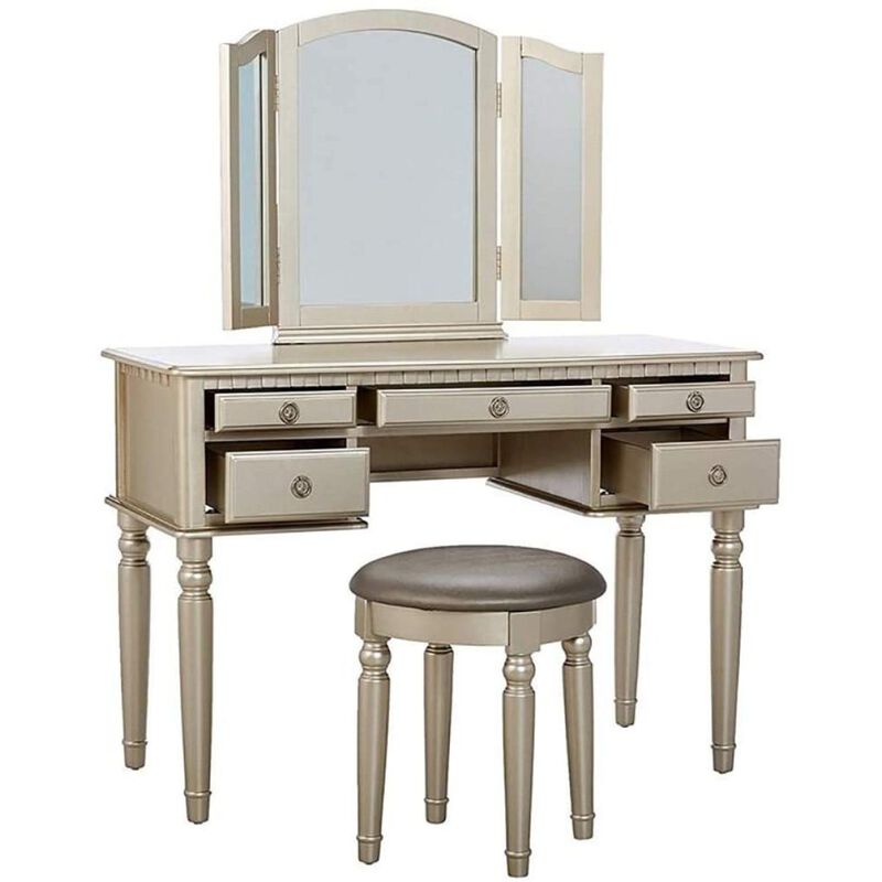 Bedroom Contemporary Vanity Set W Foldable Mirror Stool Drawers Silver Color