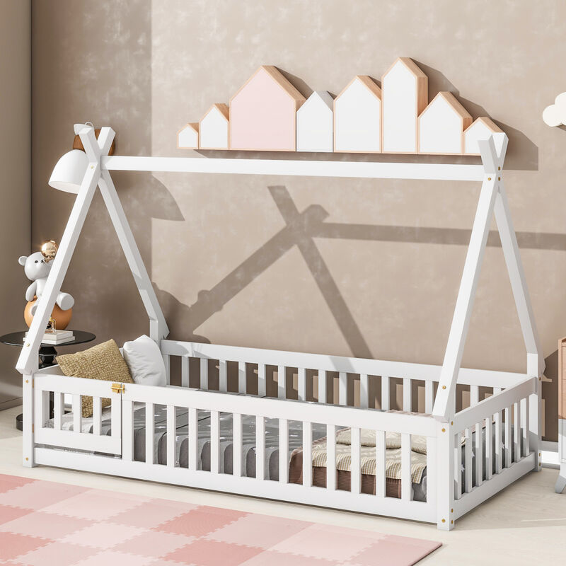Twin Tentshaped Floor Bed, With Guardrails, Slats, Door, White