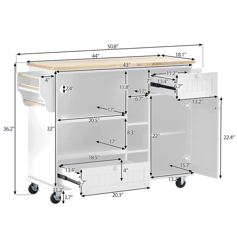 Streamdale Solid Wood Kitchen Island Cart with Storage & Locking Wheels - White