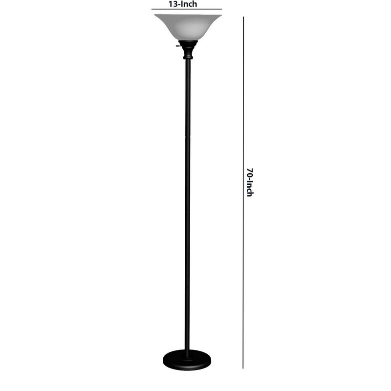 70 Inch Metal 3 Way Torchiere Floor Lamp, Frosted Glass, Black and White-Benzara