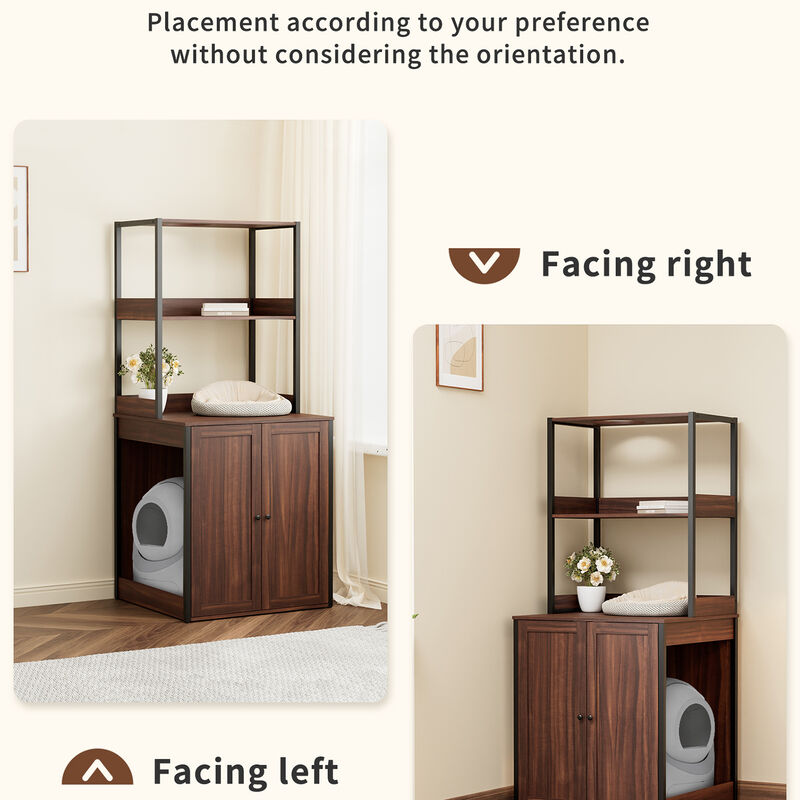 Large Cat Litter Box Enclosure Furniture with Shelves, Cat Washroom Furniture Cat House for Smart Litter Box, in walnut
